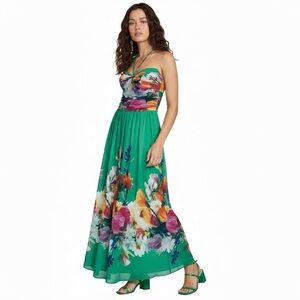 $259 Betsy & Adam Women's Green Long Placement HMC Printed Tie Neck Dress Sz 6